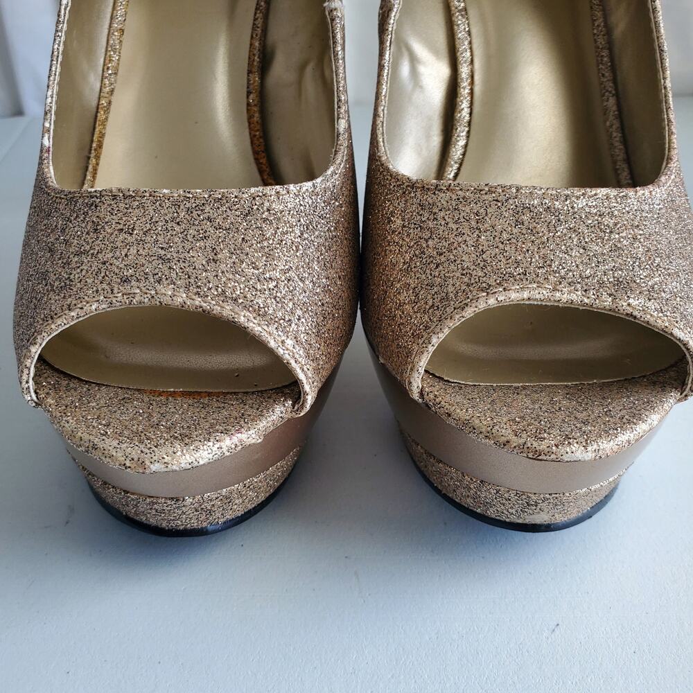 Women Gold Glitter Platform Peeptoe Heel Shoe 11 NYE Cocktail Club Wedding Prom - Picture 3 of 15